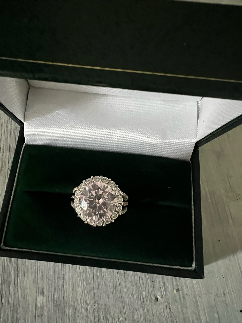 Sparkling Pink Halo Statement Ring with Silver-Tone Band